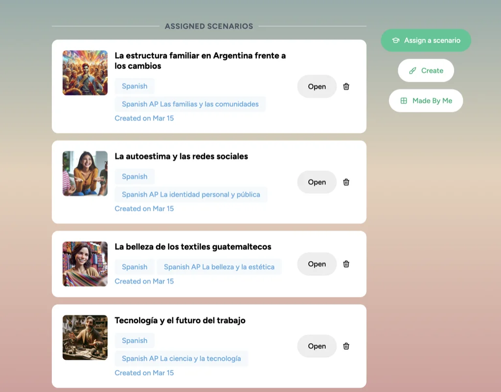 Marvely teacher dashboard showing assigned AP Spanish speaking scenarios