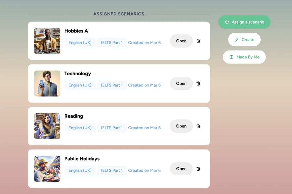 Таблото за управление на учителите на Marvely, показващо възложените дейности за говорене на IELTS